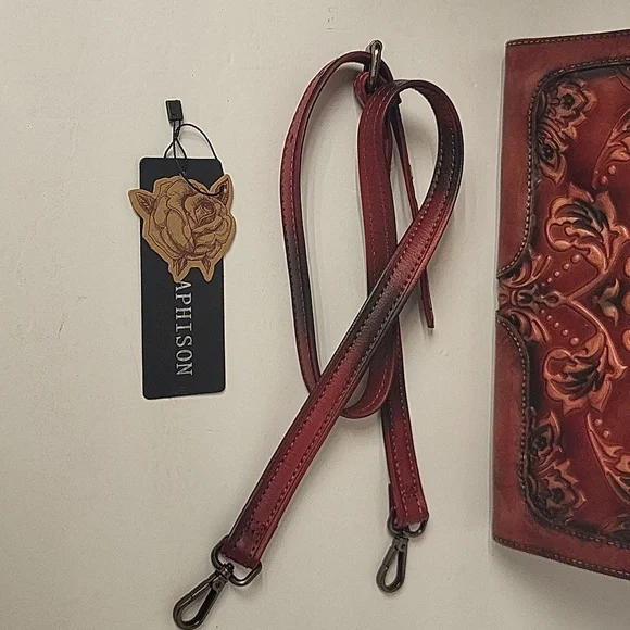 Handbag Aphison red tooled leather - Picture 3 of 7